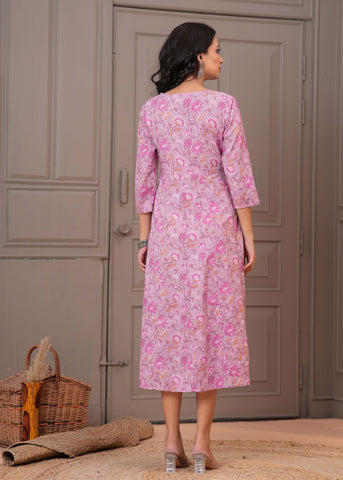 Floral Printed & Embroidered Anarkali Maxi Dress - Pink