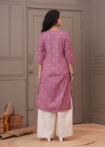 Ethnic Woven & Mirror Embroidered Straight Fit Kurta - Pink