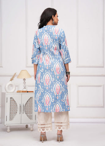 Ikat Printed A-Line Flared Cotton Flax Kurta - Blue