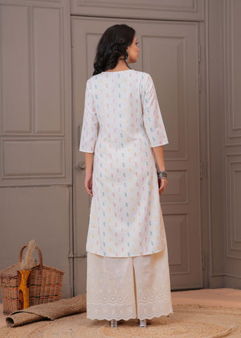 Ethnic Woven & Resham Embroidered Straight Fit Kurta - Off White