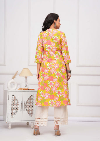 Abstract Floral Printed A-Line Paneled Cotton Flax Kurta - Lime Green