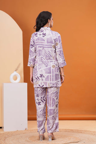 Geometric Floral Foil Printed Straight Fit Co-ord Set - Purple