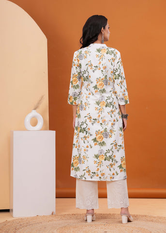 Floral Printed A-Line Flared Cotton Flax Kurta - Off White