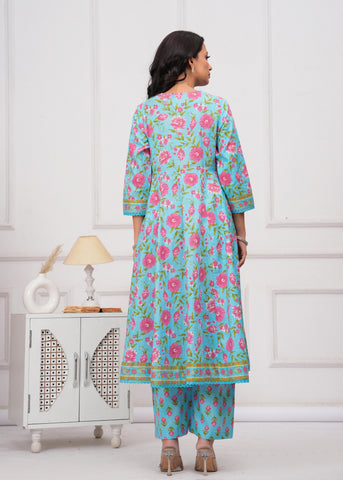 Blue Floral Printed Anarkali Cotton Suit  - Set of 3