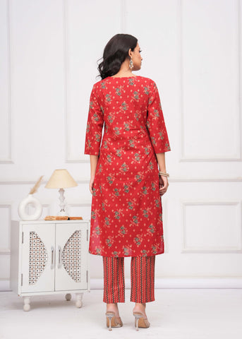 Floral & Stripes Printed Straight Kurta with Pant & Pure Cotton Dupatta - Red