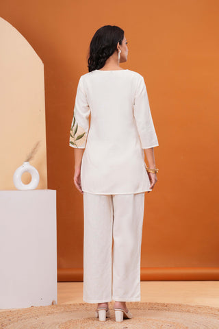 Solid Abstract Embroidered Straight Fit Cotton Flax Co-ord Set - White