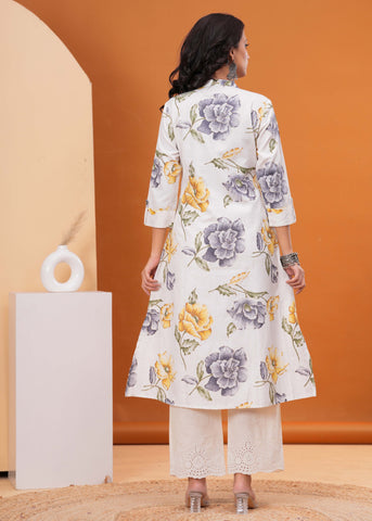Abstract Floral Printed A-Line Flared Cotton Flax Kurta - Off White