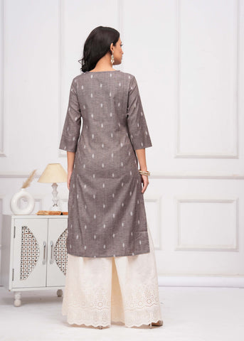Ethnic Woven & Mirror Embroidered Straight Fit Kurta - Grey