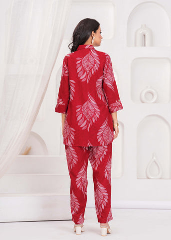 Abstract Floral Printed Straight Fit Co-ord Set - Red