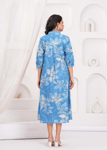 Blue Abstract Floral Printed  Flared Maxi Dress