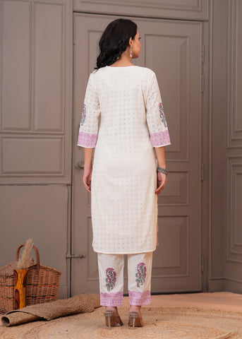 Floral Block Printed Schiffli Kurta with Pant & Pure Cotton Dupatta - Cream