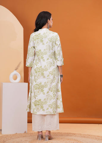 Ethnic Floral Printed A-Line Flared Cotton Flax Kurta - Off White