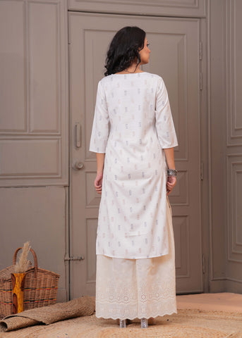 Ethnic Woven & Mirror Embroidered Straight Fit Kurta - Off White