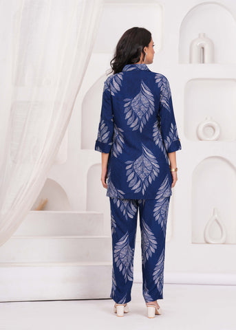 Abstract Floral Printed Straight Fit Co-ord Set - Blue