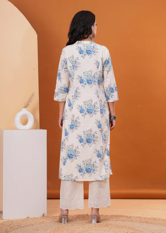 Floral Printed A-Line Flared Cotton Flax Kurta - Off White