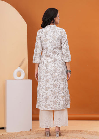 Ethnic Floral Printed A-Line Flared Cotton Flax Kurta - Off White