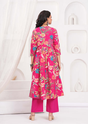 Pink Floral Printed  A-Line Cotton Suit  - Set of 3