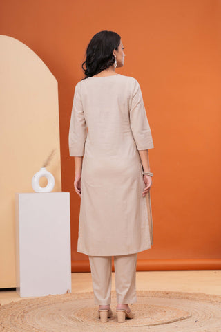 Solid Floral Embroidered Straight Kurta with Pant & Printed Dupatta - Taupe