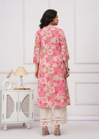 Abstract Floral Printed A-Line Paneled Cotton Flax Kurta - Pink