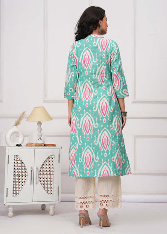 Ikat Printed A-Line Flared Cotton Flax Kurta - Turquoise Blue