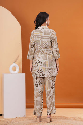 Geometric Floral Foil Printed Straight Fit Co-ord Set - Tan