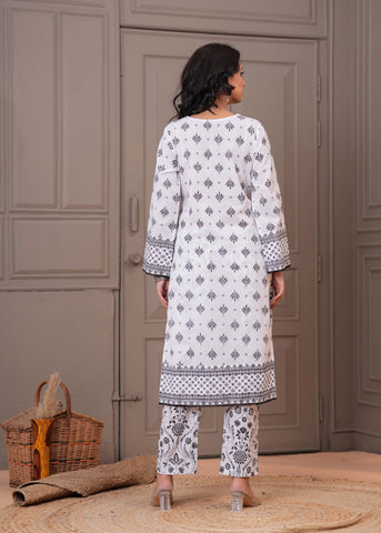 White Ethnic Floral Printed Straight Kurta with Pant - Set of 2