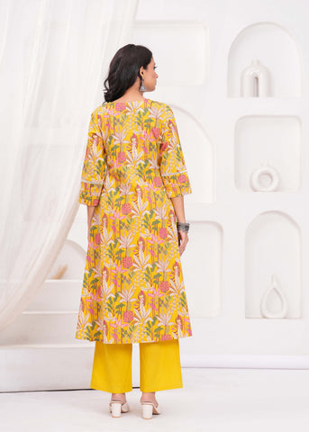 Yellow Floral Printed A-Line Kurta with Palazzo - Set of 2