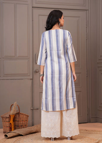 Ethnic Stripes Woven & Sequin Embroidered Straight Fit Kurta