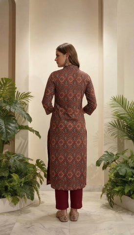Ajrakh Printed & Embroidered Straight Fit Kurta with Pant - Maroon
