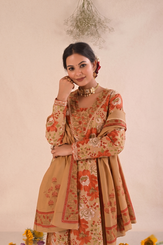 Floral Block Print  Straight Fit Cotton Suit Set -Beige