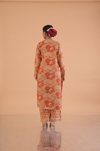 Floral Block Print  Straight Fit Cotton Suit Set -Beige