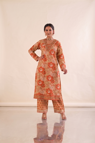 Floral Block Print  Straight Fit Cotton Suit Set -Beige