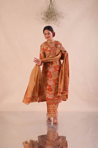 Floral Block Print  Straight Fit Cotton Suit Set -Beige