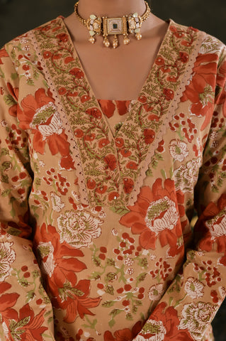 Floral Block Print  Straight Fit Cotton Suit Set -Beige