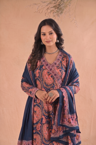 Paisley Hand Block Print Cotton Suit Set - Blue