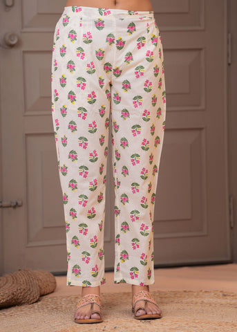 Floral Printed  Straight Kurta with Pant & Pure Cotton Dupatta - Off White