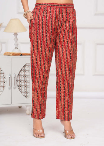 Floral & Stripes Printed Straight Kurta with Pant & Pure Cotton Dupatta - Red