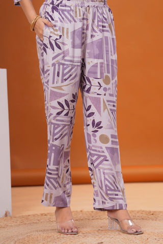 Geometric Floral Foil Printed Straight Fit Co-ord Set - Purple
