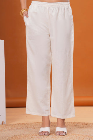 Solid Abstract Embroidered Straight Fit Cotton Flax Co-ord Set - White