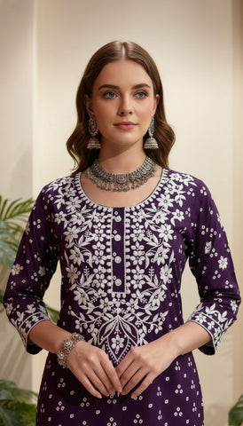 Bandhani Printed & Chikankari Embroidered Straight Fit Kurta - Purple