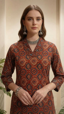 Ajrakh Printed & Embroidered Straight Fit Kurta with Pant - Maroon