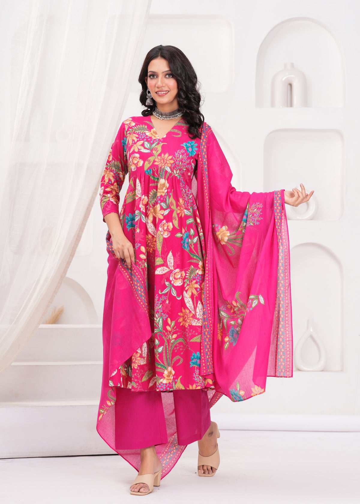 Pink Floral Printed  A-Line Cotton Suit  - Set of 3