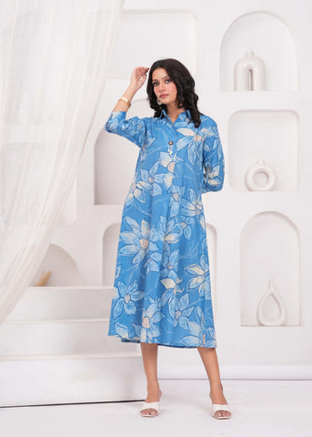 Blue Abstract Floral Printed  Flared Maxi Dress