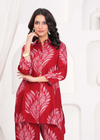 Abstract Floral Printed Straight Fit Co-ord Set - Red