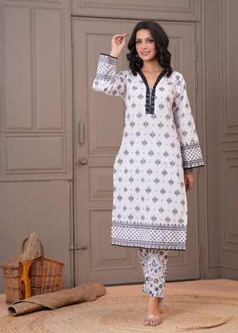 White Ethnic Floral Printed Straight Kurta with Pant - Set of 2
