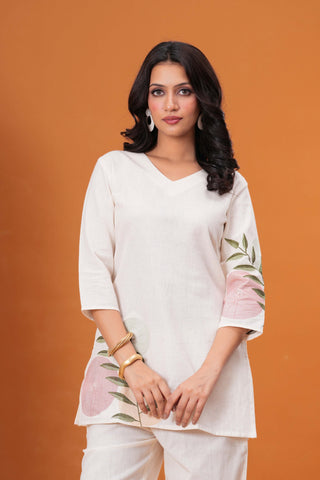 Solid Abstract Embroidered Straight Fit Cotton Flax Co-ord Set - White