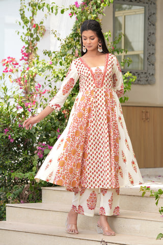 White Red Block Printed Anarkali Cotton Suit  - Set of 3