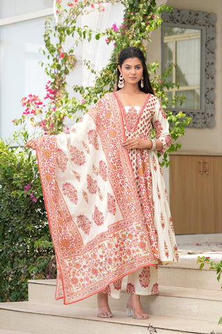 White Red Block Printed Anarkali Cotton Suit  - Set of 3