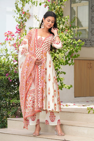 White Red Block Printed Anarkali Cotton Suit  - Set of 3