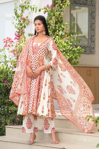 White Red Block Printed Anarkali Cotton Suit  - Set of 3